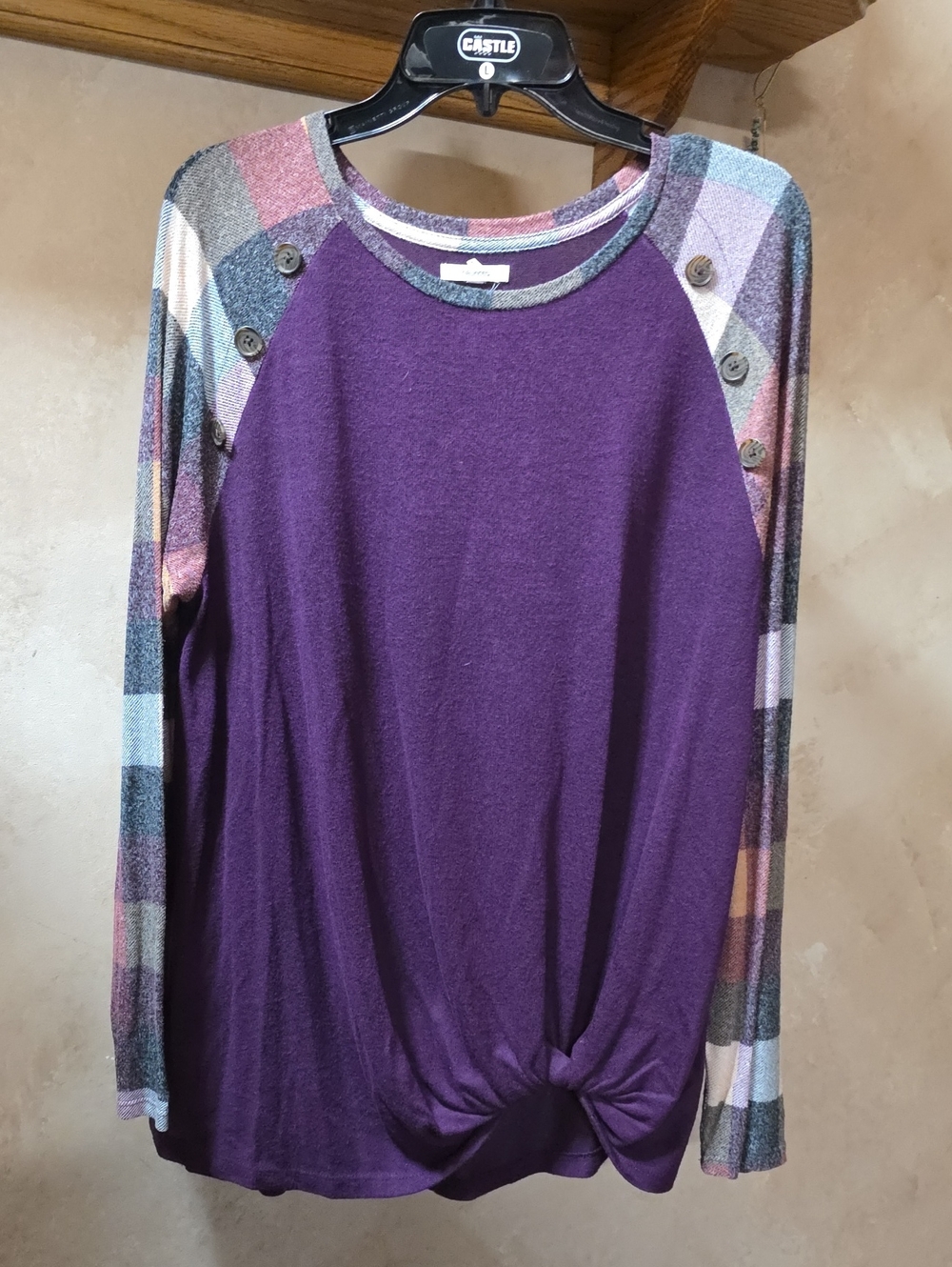 Women's Purple Knit Long-Sleeve Twist Hem Top with Plaid Sleeves